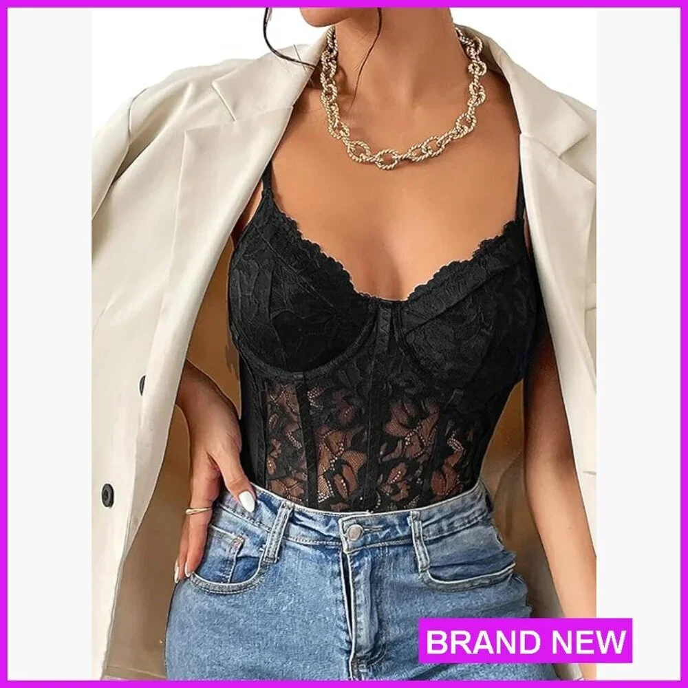 Sheer Mesh Lace Bustier Bodysuit Slim Fit Y2K Chic Shapewear Corset Top